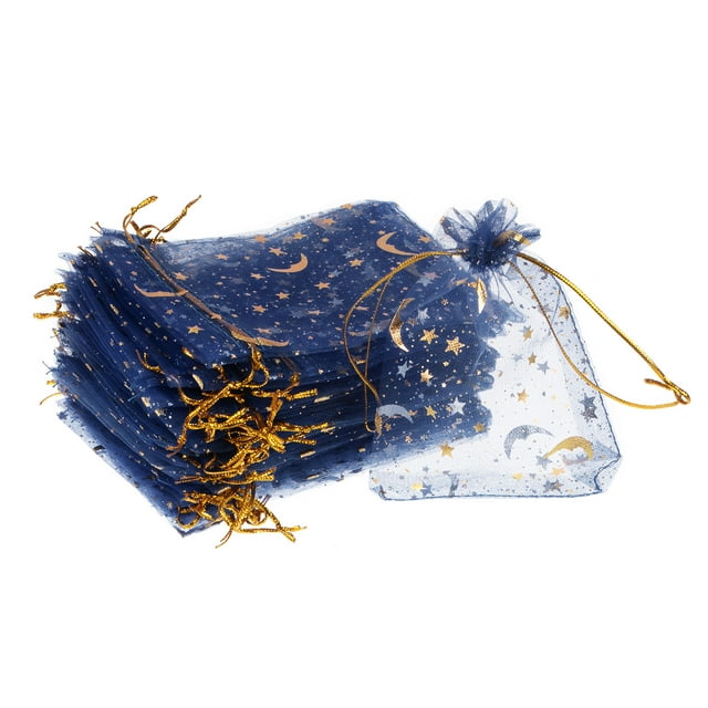 Uxcell Moon Star Printed Organza Bags, 100 Pcs 4.72x3.5 Inch Drawstring Mini Pouches for Party Wedding, Navy Blue
