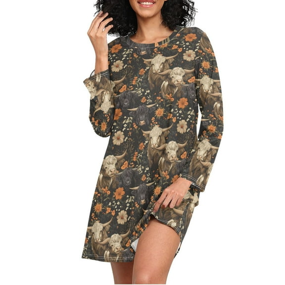 joogoo Highland Cows Flower Women's Long Sleeve Nightgown Sleepwear L