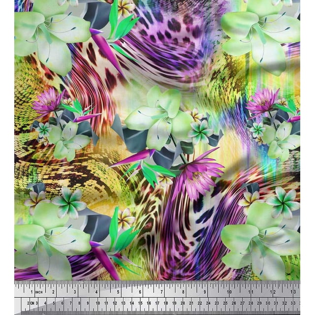 Soimoi Polyester Crepe Fabric Animal Skin & Tropical Flower Print Sewing Fabric Yard 42 Inch Wide