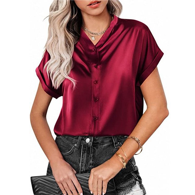 Blusa con cuello en V y manga corta con un solo pecho, color puro, blusa holgada y ajustada para mujer, color burdeos M