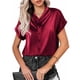 thumbnail image 1 of Blusa con cuello en V y manga corta con un solo pecho, color puro, blusa holgada y ajustada para mujer, 1 of 5