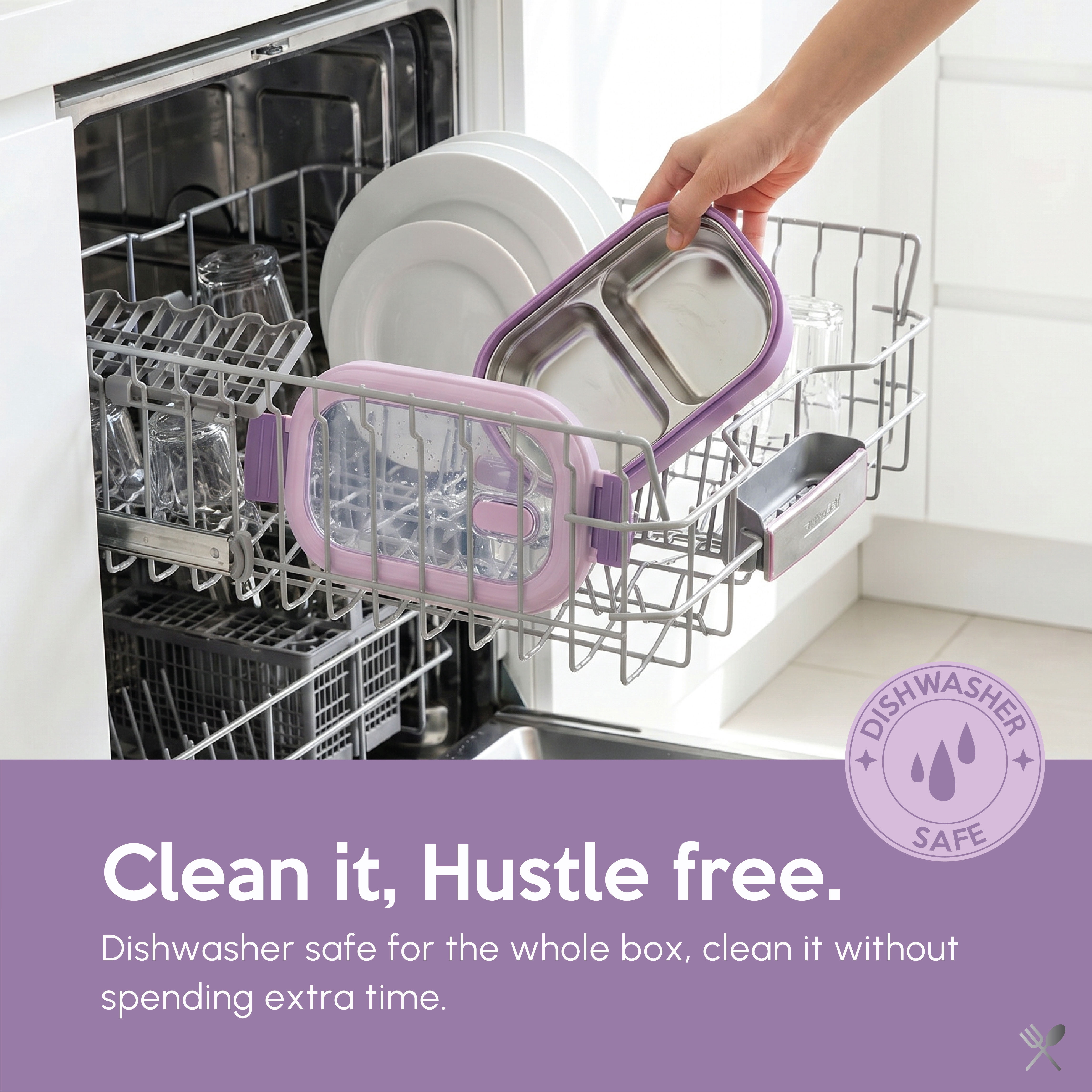 Just Cook Purple 1000 ml 2 Section Microwave Safe Stainless Steel Bento Box