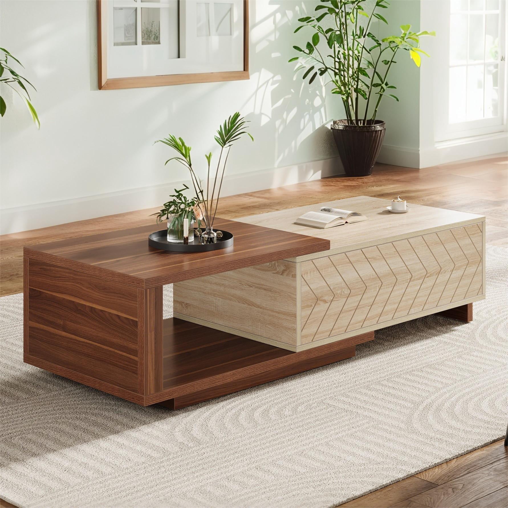 Fnova Modern Extendable Coffee Table with 2 Drawers, 42"-65" Expandable Wood Coffee Table for Living Room, Walnut & Oak