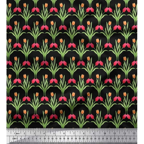 Soimoi Black Cotton Duck Fabric Leaves & Tulip Floral Print Fabric by Yard 42 Inch Wide