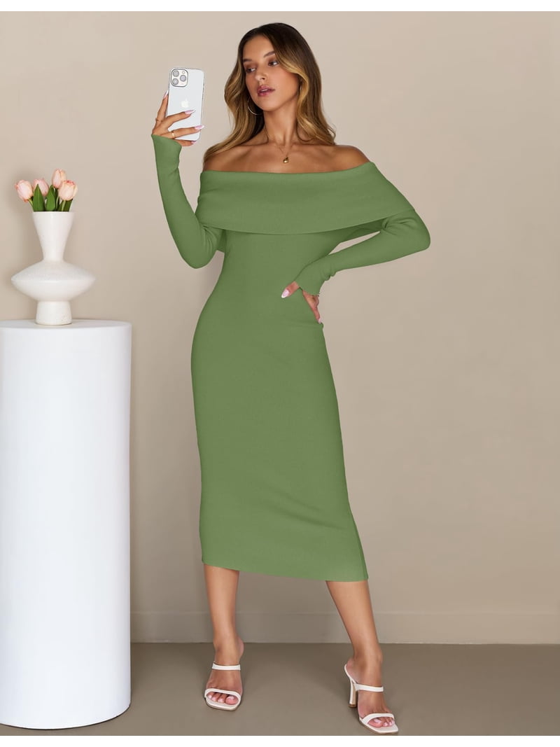 MEROKEETY Womens Fall Winter Dresses for Women Off Shoulder Formal Long Sleeve Bodycon Midi Sweater Dress, Green S