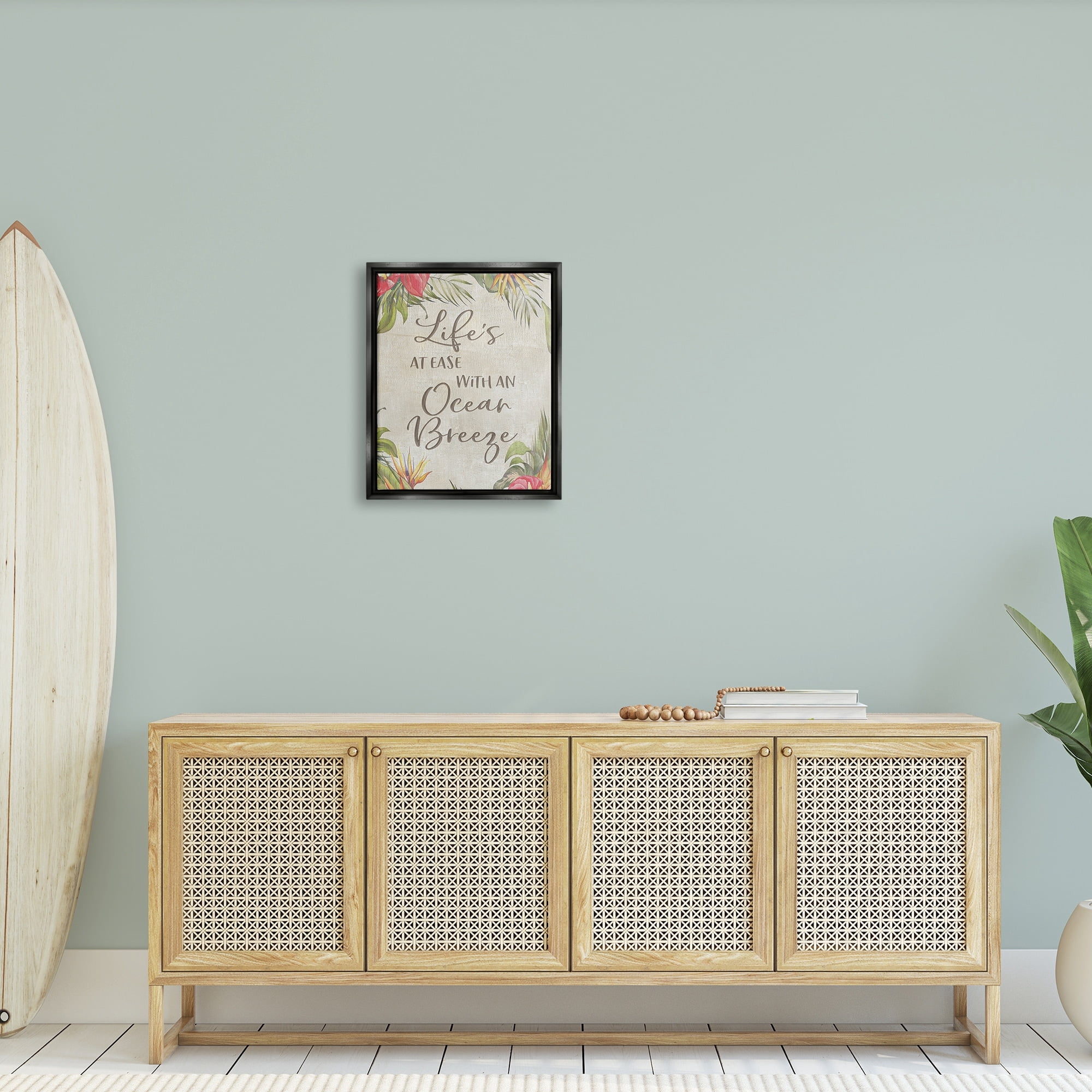 Stupell Industries Tropical Ocean Breeze Floral Border Summer Phrase Graphic Art Luster Gray Floating Framed Canvas Print Wall Art, Design by CAD Designs