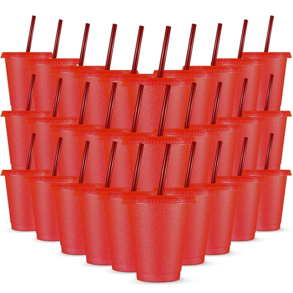 30 vasos de plástico reutilizables Rtteri, 470 ml, tapa con purpurina roja