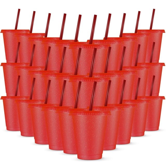30 vasos de plástico reutilizables Rtteri, 470 ml, tapa con purpurina roja