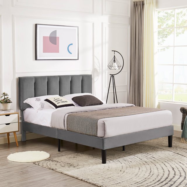 VECELO Twin/Full/Queen Upholstered Bed Frame with Adjustable Headboard, No Box Spring Needed/Easy Assembly, Dark Gray