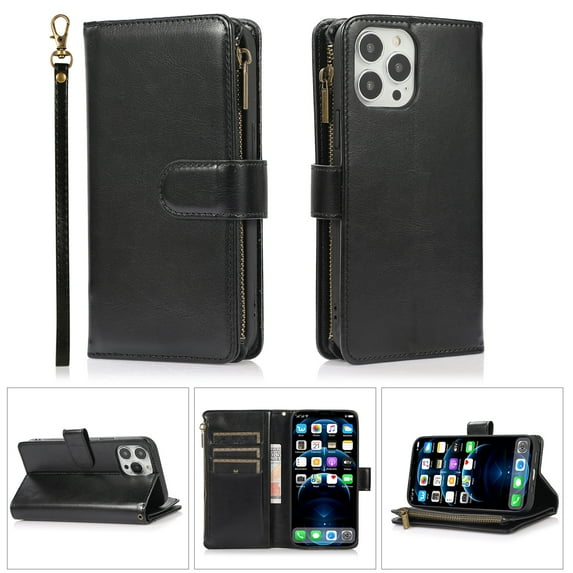 Allytech iPhone 12 Pro Max Wallet Case, 9 Cards Holder Zipper Wallet Case for Women Men Shockproof Hand Strap Full Protective Flip Stand Case Cover for Apple iPhone 12 Pro Max - Black