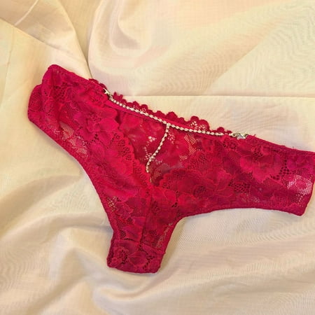 BUYISI Womens Lace Panties Sexy LowRise Hollow Briefs Chain Shiny Transparent Underwear Flower Embroidery Underpants Female Underwear Red L