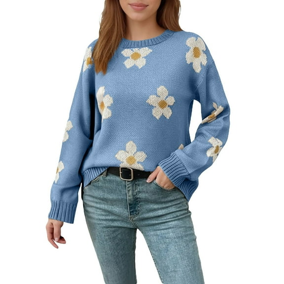 GBSYEWXS Sweaters For Women Casual Daily Wear Pullover Long Sleeve Crew Neck Flowers Print Blue Sweater