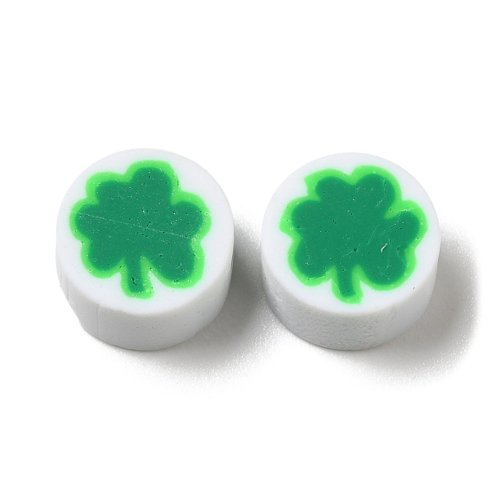Handmade Polymer Clay Beads Round with Clover Medium Sea Green 9.5x4.5mm Hole: 1.6mm