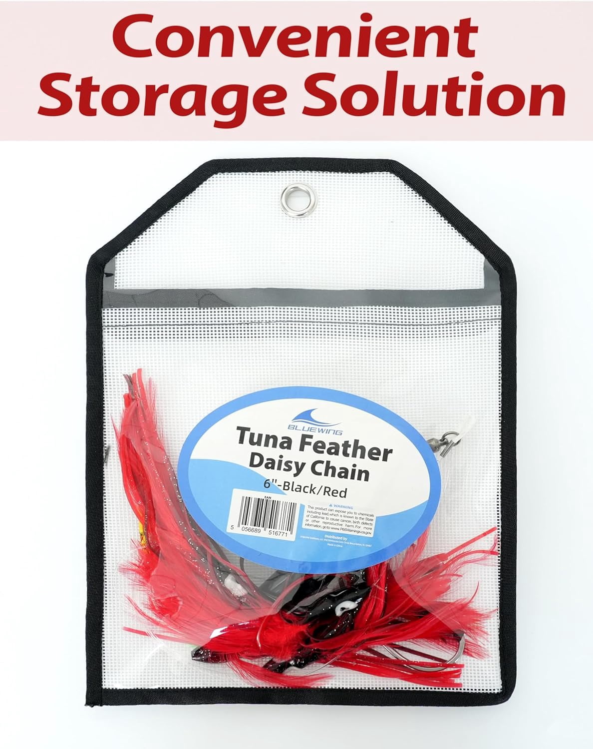 BLUEWING Tuna Feather Daisy Chain Squid Chain Fishing Teaser Lure with 6in Feathered Trolling Squids and Stainless Steel Trolling Hook Big Game Trolling Lure for Tuna Mahi Wahoo Marlin, Black/Red