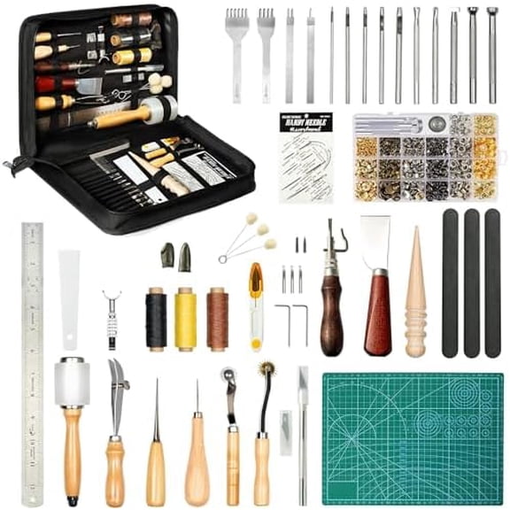 Leather Tooling Kit: 458 Pcs Essential Leather Working Tools and Supplies for Starter with Guide Craft Tool Kits with Organizer for Stamping | Cutting | Stitching | Carving$$