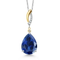925 Silver and 10K Yellow Gold Blue Created Sapphire and White Lab Grown Diamond Pendant Necklace for Women | 10.25 Cttw | Gemstone September Birthstone | Pear Shape 16X12MM | With 18 inch Chain