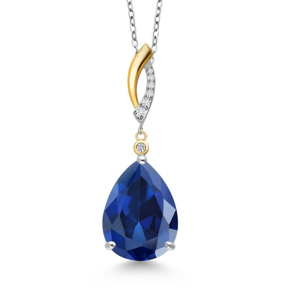 925 Silver and 10K Yellow Gold Blue Created Sapphire and White Lab Grown Diamond Pendant Necklace for Women | 10.25 Cttw | Gemstone September Birthstone | Pear Shape 16X12MM | With 18 inch Chain