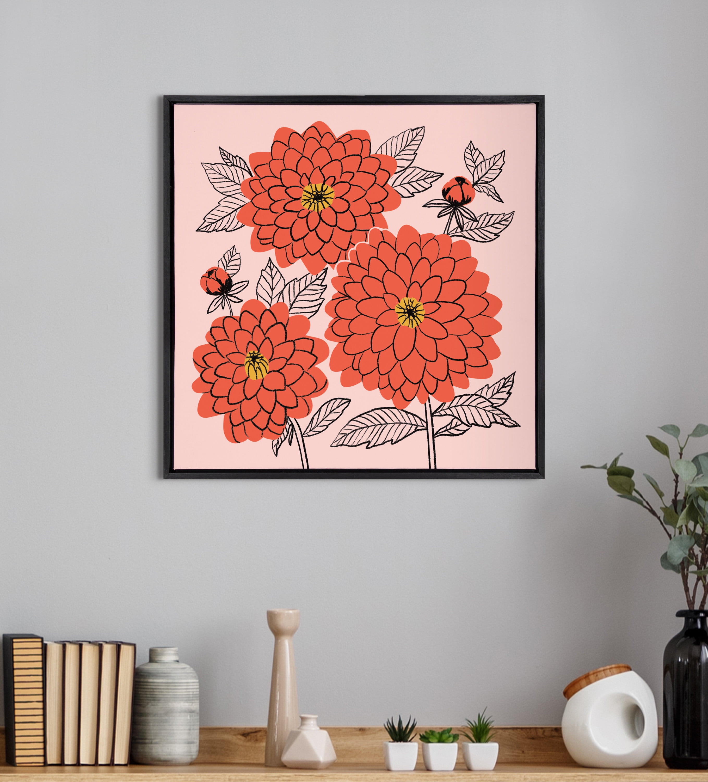 Kate and Laurel Sylvie Sketchy Dahlias Framed Canvas Wall Art by Maria Filar,  24x24 Black, Chic Floral Art for Wall
