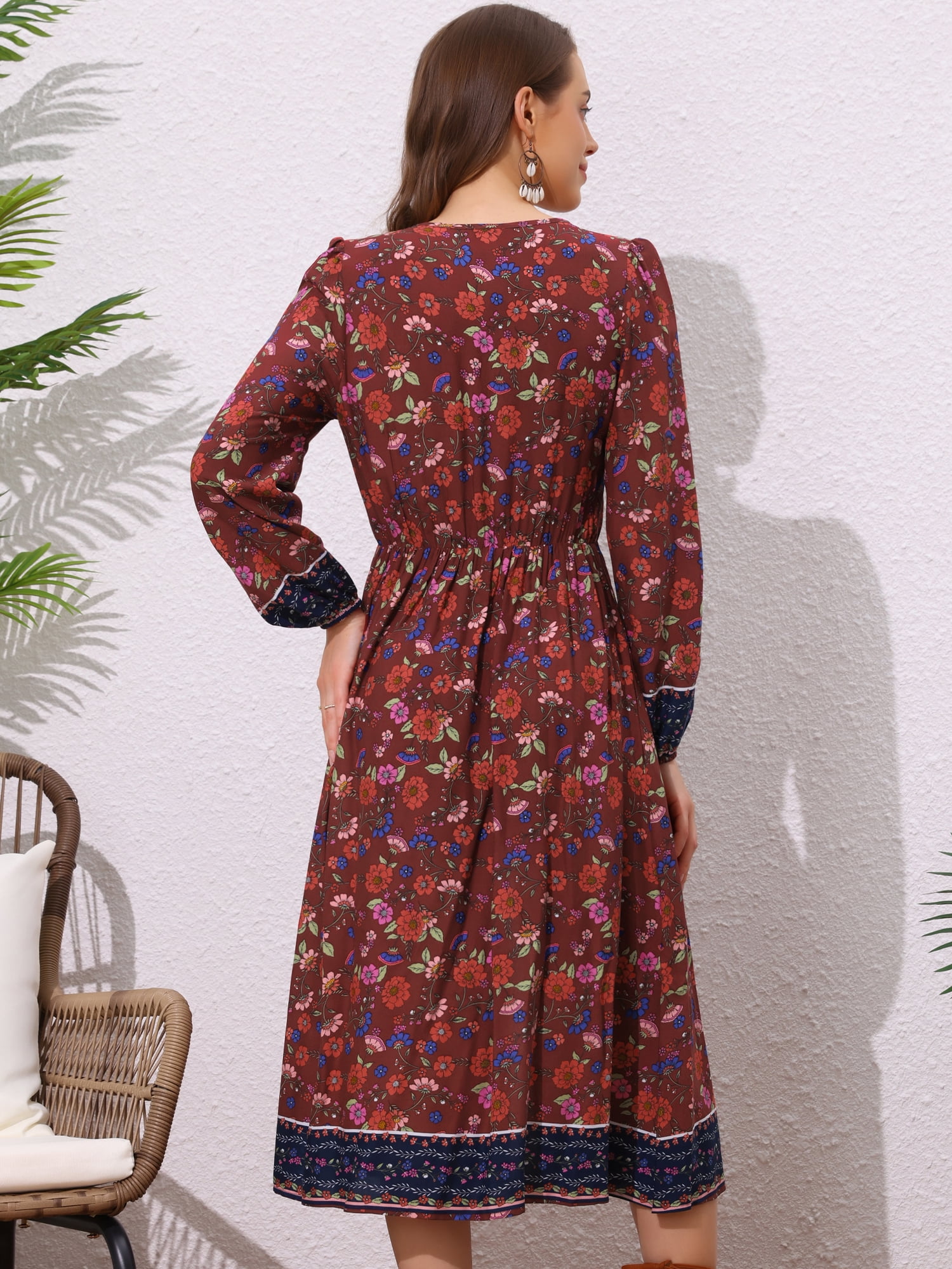 DARING DIVA Floral Elastic Waist Split A-Line Midi Dress XS Brown