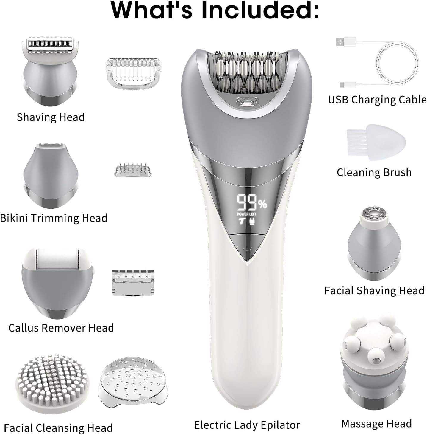 Lemulegu Epilator for Women, 7 in 1 Epilator Hair Removal for Women, Shaver, Bikini, Face Razor, Facial Brush, Face Massage and Body Exfoliator, IPX6 Waterproof Painless Lady Shaver Wet & Dry (White)