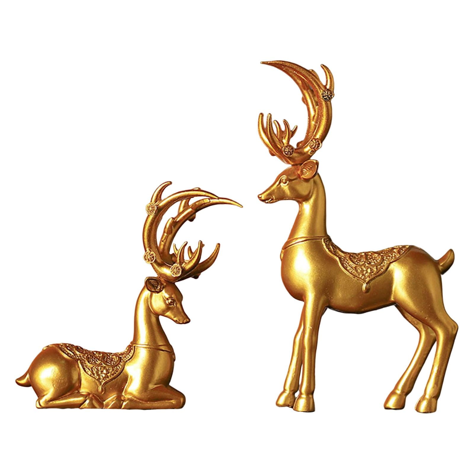 2Pcs Couple Deer Figurine Sitting Standing Elk Statue Home Office Decor