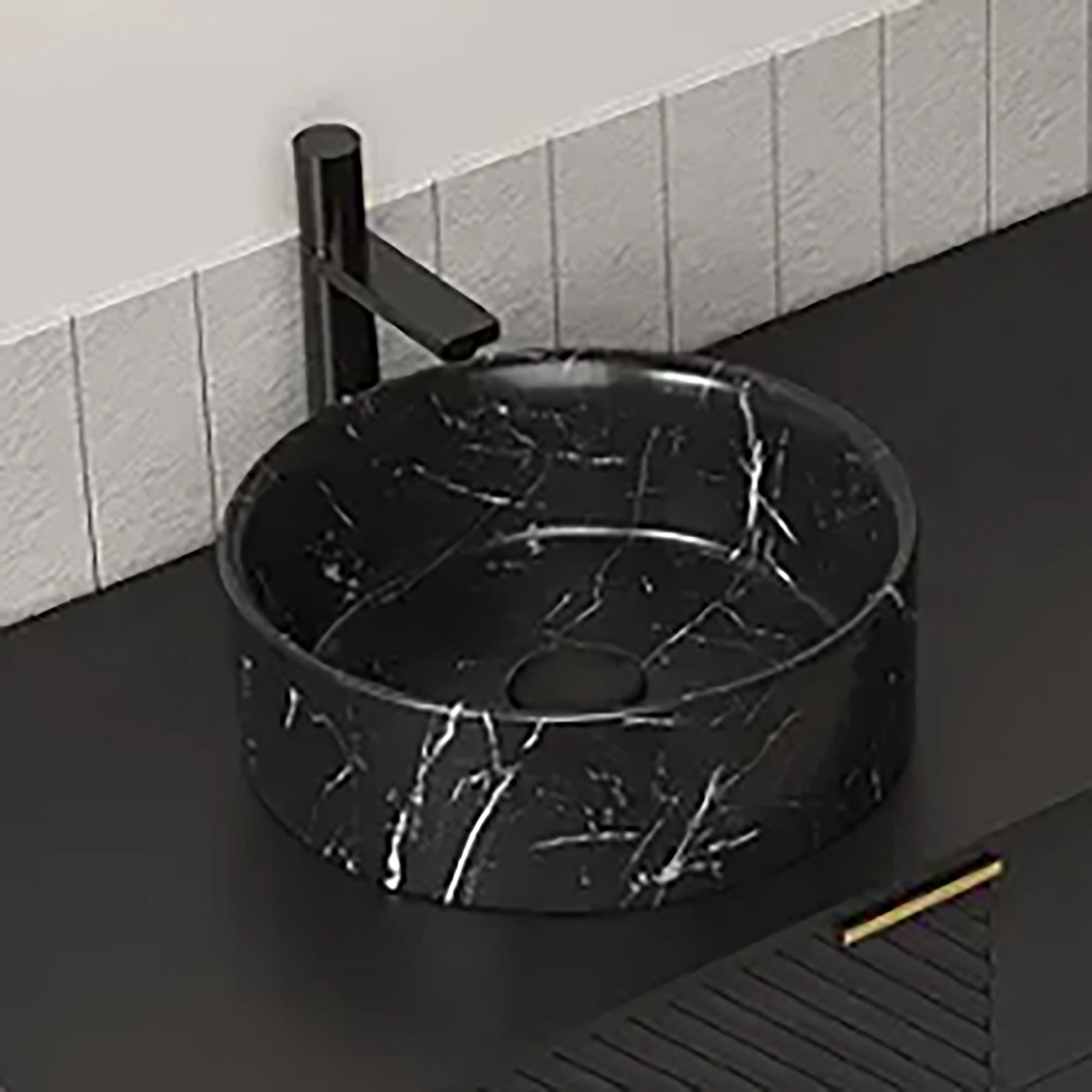 Wohh 14 Inch Round Bathroom Sink with Stone Pattern, Small Black Ceramic Integrated Countertop Vessel Sink, 14.17 x 4.72 Inch Durable Porcelain Vanity Basin for Home, Office & Commercial Use