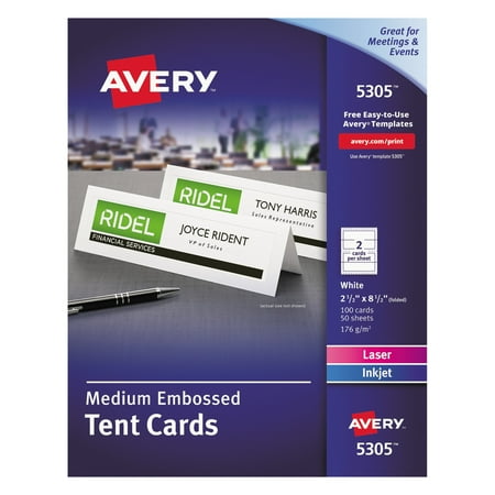 Avery Medium Embossed Tent Cards, White, 2 1/2 x 8 1/2, 2 Cards/Sheet, 100/Box