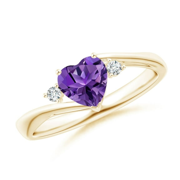 ANGARA Natural Heart-Shaped Amethyst Bypass Ring with Diamonds in 14K Yellow Gold for Women (Size-6mm) | February Birthstone, Birthday, Anniversary, Jewelry Gift for Women | Natural Amethyst Ring