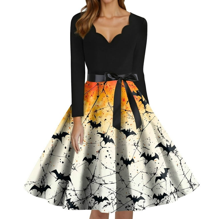 Knosfe Womens Halloween Dress Spooky Ghost Pumpkin Party Retro Cocktail  Dresses V Neck Long Sleeve Hepburn Evening 1950s Dress with Belt Yellow 5XL  - Walmart.com