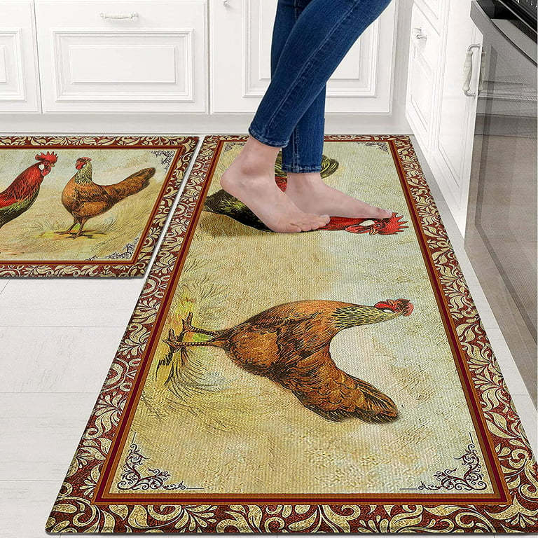 Rooster Kitchen Rug Memory Foam Kitchen Mat Set of 2, Farmhouse Decor for  The Kitchen Mats Cushioned Anti Fatigue 2 Piece Set and Chicken Kitchen Mat 