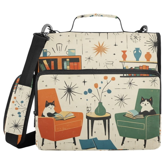 FORMRS Zipper Binder with Shoulder Strap 1.5-inch Ring 500 Sheet Capacity File Bag, Beige Cats Reading