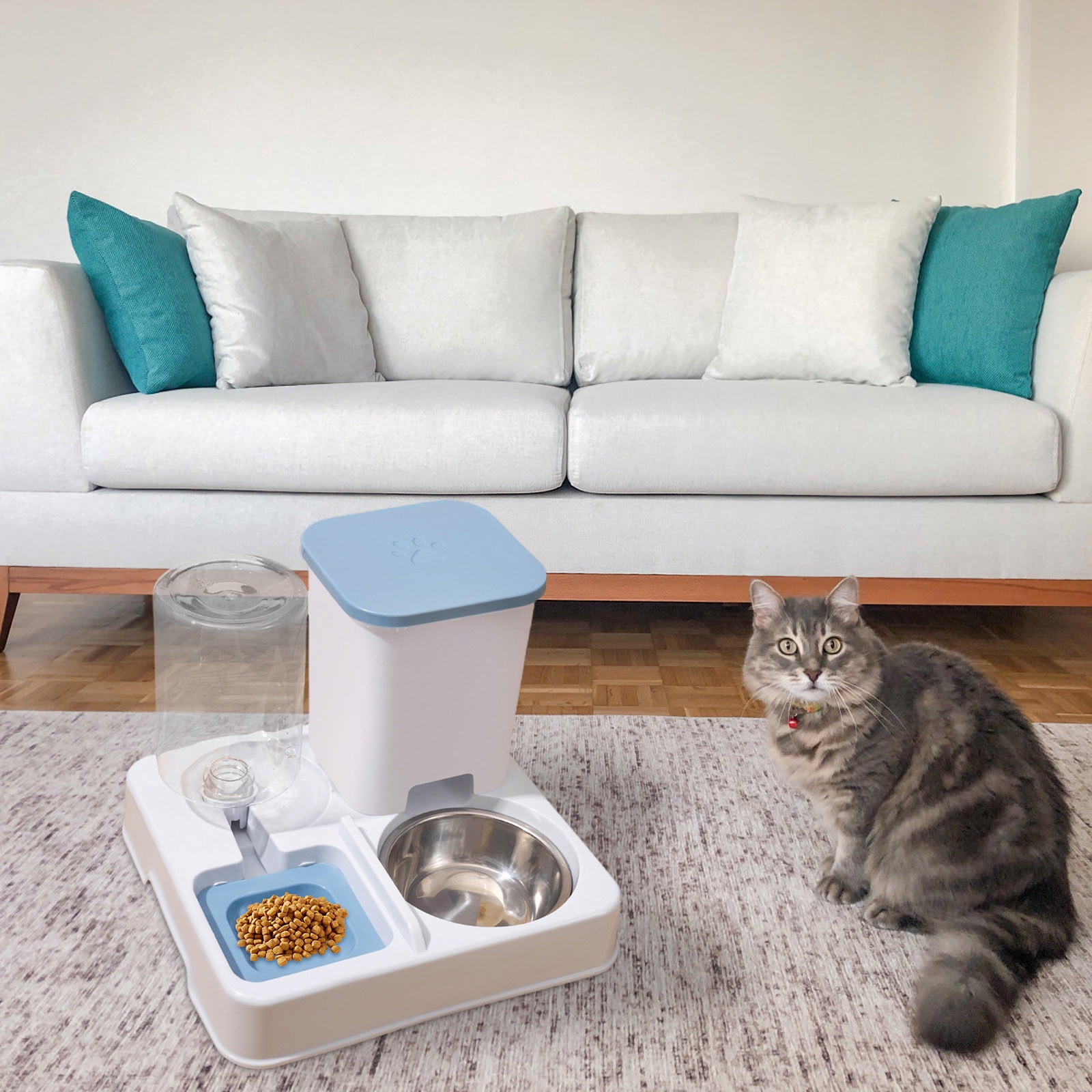 SLYNSHome Automatic Dog Cat Feeder and Water Dispenser,Large Capacity 2 in 1 Food Feeder for Small & Medium Dogs Cats Puppies - Blue