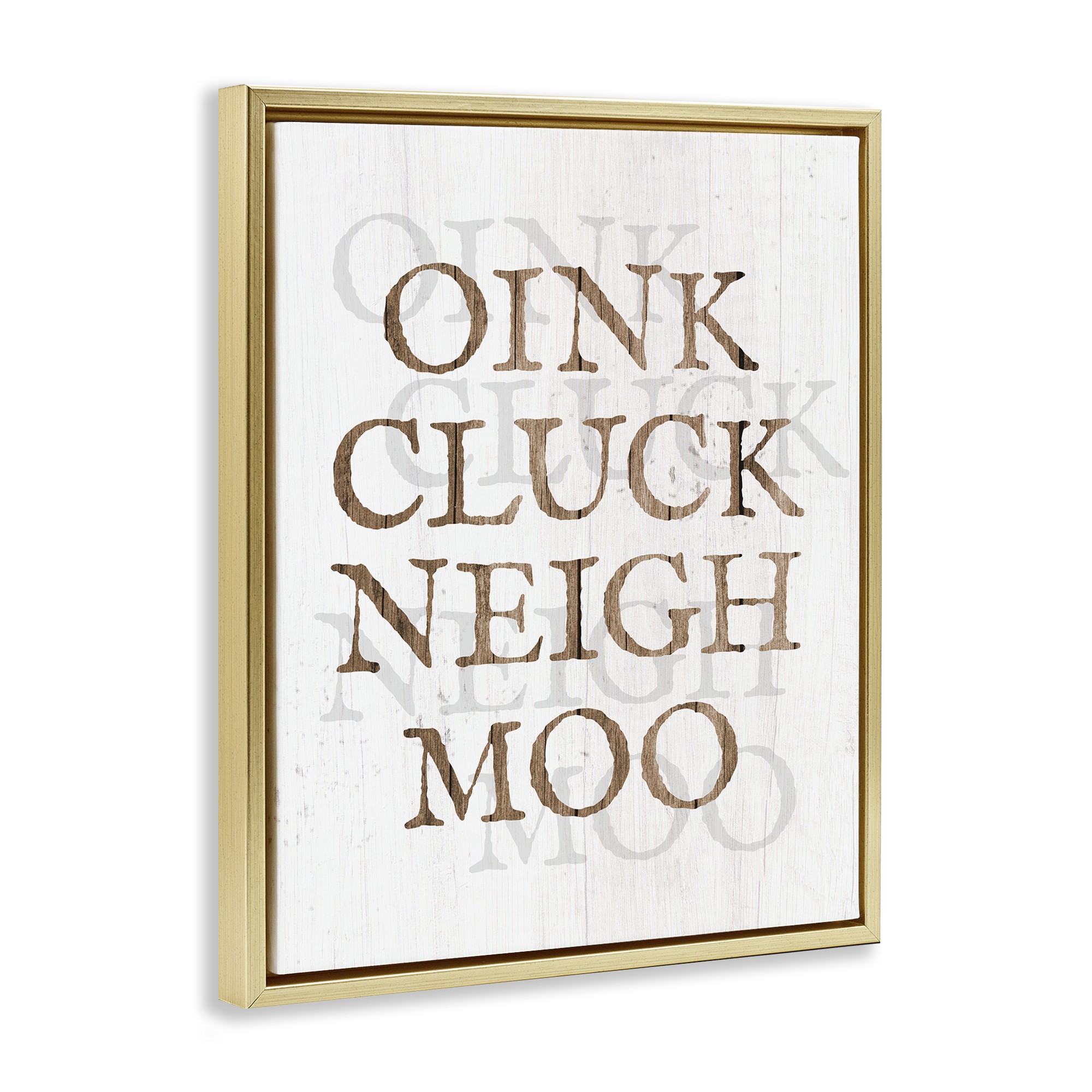 Stupell Industries Oink Cluck Neigh Moo Typography Painting Gold Floater Framed Canvas Art Print Wall Art, 17 x 21