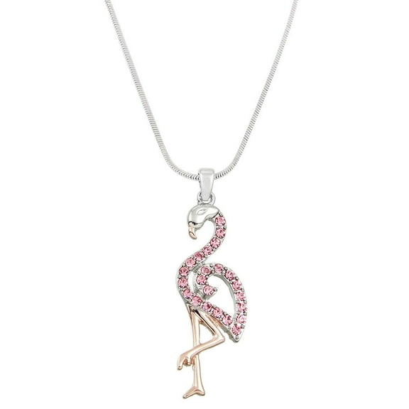 Flamingo Pendant Necklace Rhinestone Crystal Rhodium High Polished J0149-PK