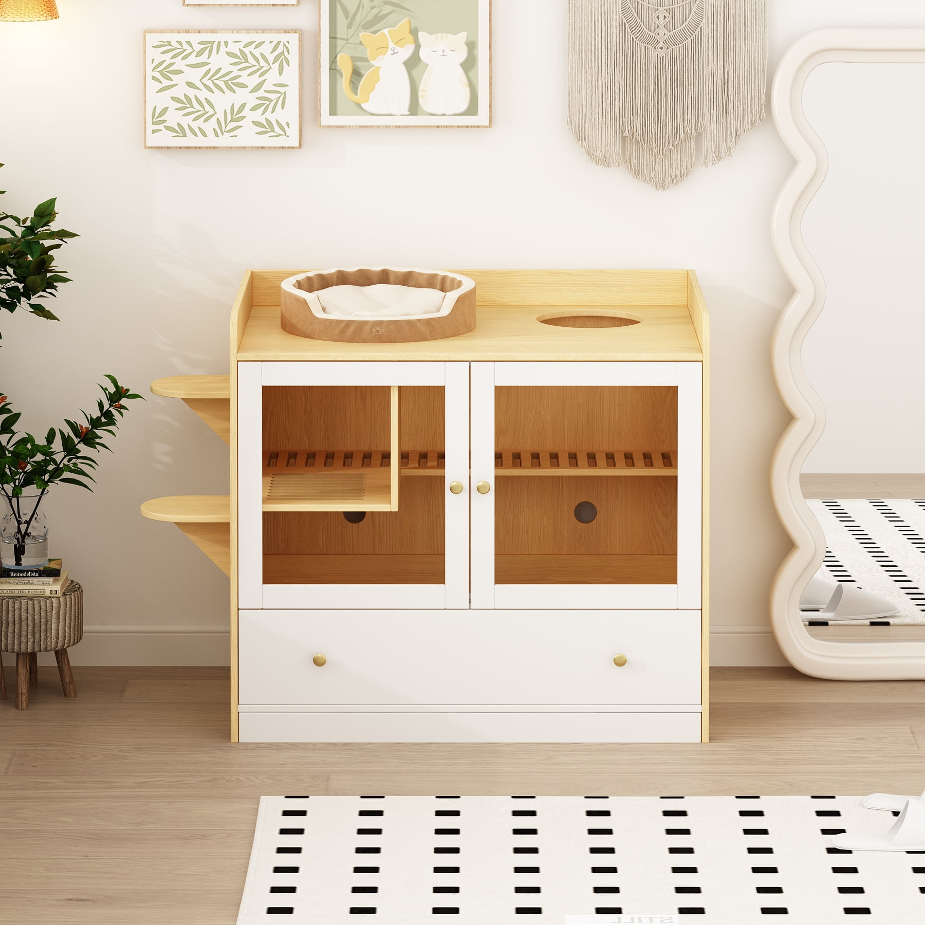 NARTRU Large Cat Litter Box Enclosure Furniture with Drawer and Runway Litter Filter for Litter Boxes,Oak