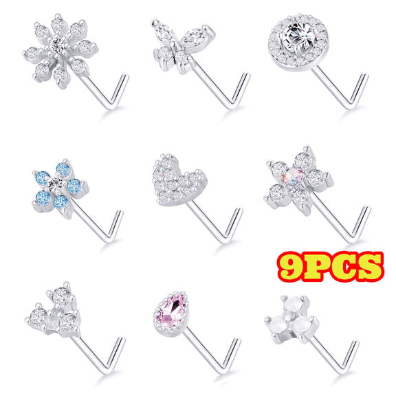 9pcs Silver Nose Rings for Women Men, L Shaped Nose Rings Studs, Stainless Steel Nostril Piercing Jewelry
