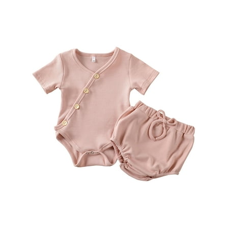 

Nokpsedcb 2PCS Newborn Infant Kids Baby Girls Short Sleeve Jumpsuit and Drawstring Shorts Summer Outfits Pink 0-3 Months