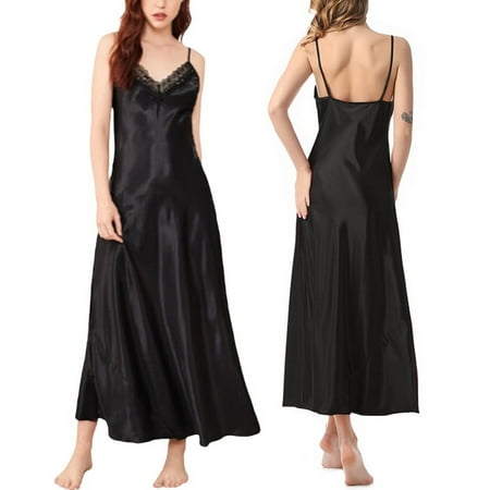 Women Satin Long Nightgown Full Slips Backless Sleepshirt Lace Trim Nightdress Maxi Camisole Nightgown Bridal Babydoll XS-L