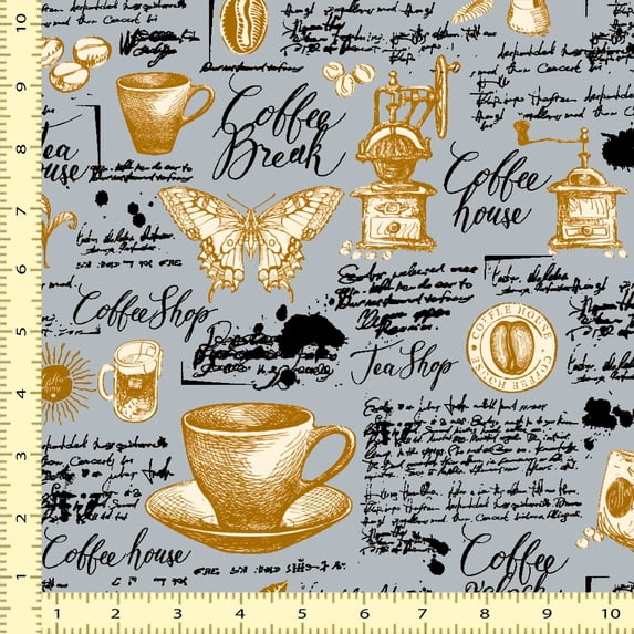 eloria Tea Shop Cotton Fabric Squares Sewing Supplies Printed Fabric for , 1 Yard, Gray