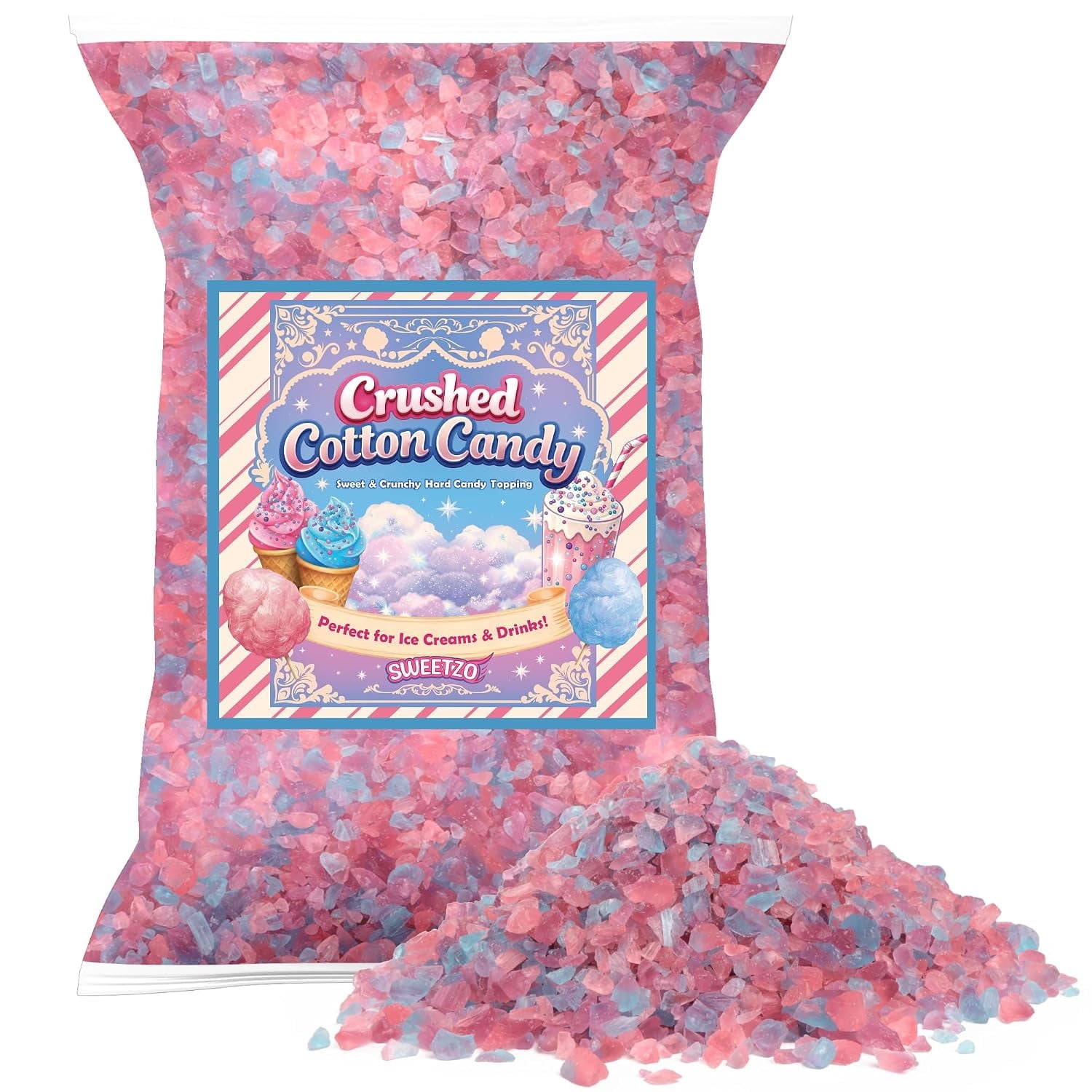 Crushed Cotton Candy Pieces, Sweet Dessert Topping, Cupcake and Ice Cream Decorations, 12 Ounce Resealable Bag