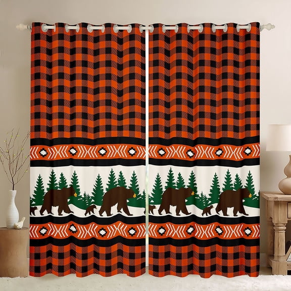 Manfei Jungle Bear Pine Black Out Curtains,Rustic Western Aztec Curtains Pack of 2 (42x63 Each),Orange Black Grid Bedroom Curtains For Boy,Microfiber Bedroom Decor