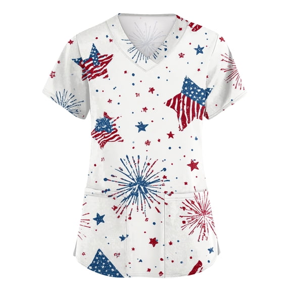 AHMOMEI 250 Anniversary USA Shirt Womens Scrub Top Women 4th of July Women Nurse Uniform with Pocket S-5XL Plus Size Womens Scrubs Tops