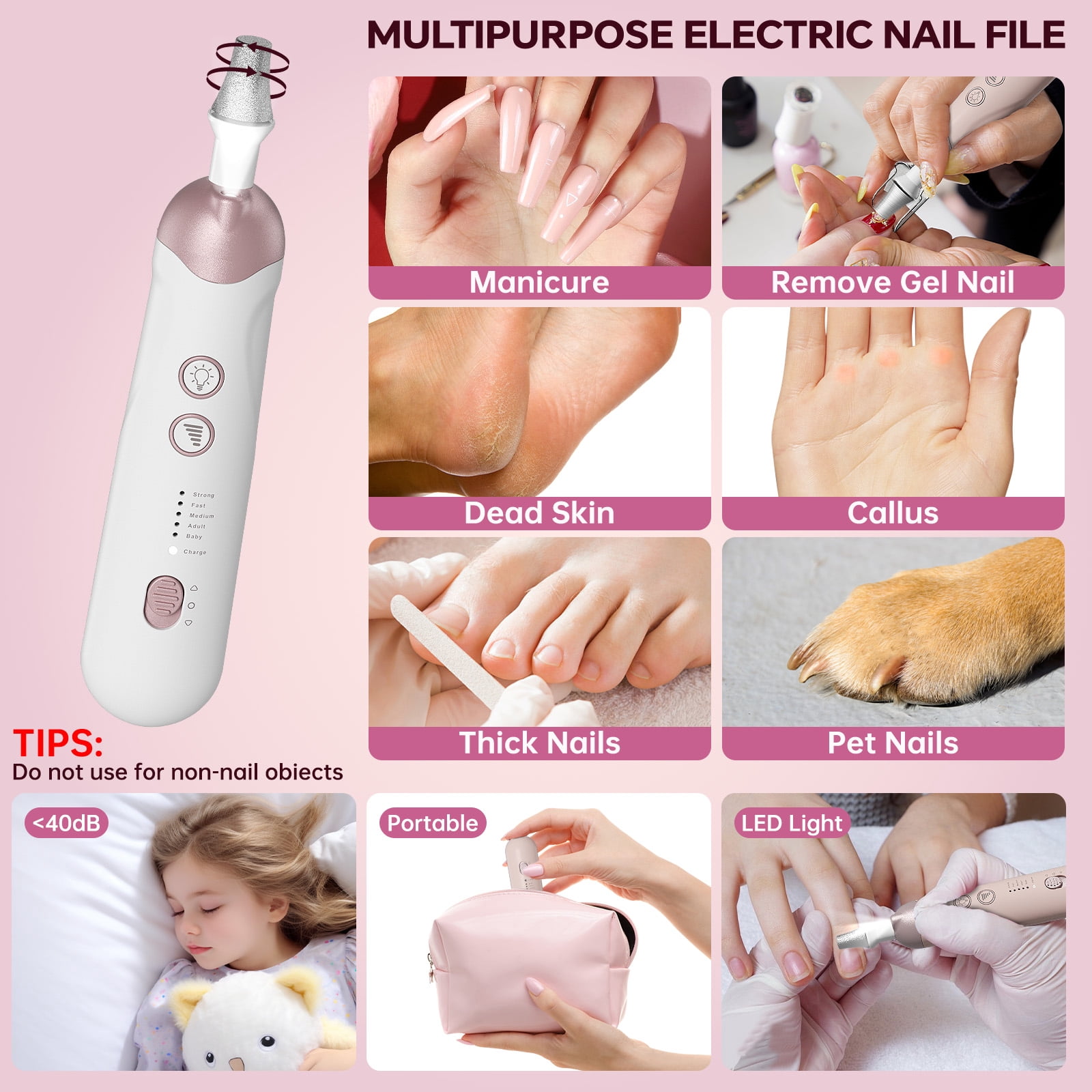 CshidWorld Cordless Electric Nail Drill Kit, Professional Manicure Pedicure Tool with LED Light, 9 Drill Bits, 5 Speeds Portable Nail File for Hand Foot Care, Thick Nails Cuticles（White）