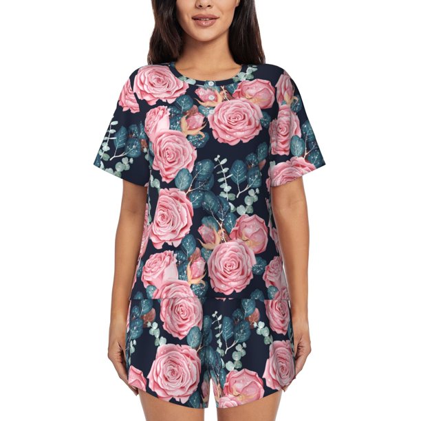 Balery Rose Flowers Conjunto de Pijama para Mujer con Estampado, Dos Piezas de Manga Corta y Shorts, Ropa de Dormir Suave con Cuello Redondo y Bolsillos-Small