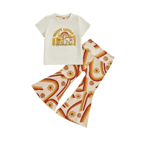

Qtinghua Infant Toddler Baby Girls Summer Outfits Letter Print Short Sleeve T-Shirt and Floral Rainbow Print Flare Pants Clothes
