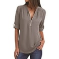 thumbnail image 1 of Women Zipper V Neck Adjustable Button Short Sleeve Chiffon Plain Top, 1 of 2