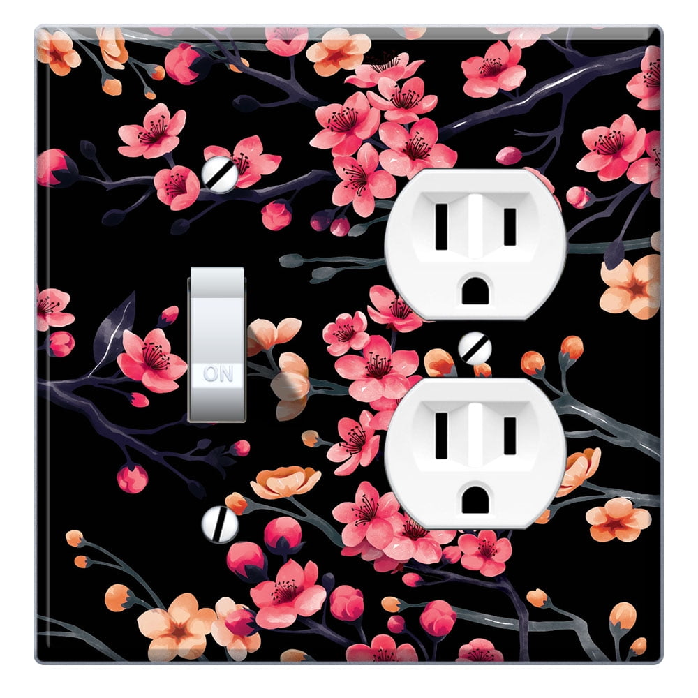 Wirester Double 1 Gang Toggle Light And 1 Gang Duplex Outlet Switch Plate Wall Plate Cover Spring Flowers Cherry Blossom On Black Bg Walmart Com Walmart Com