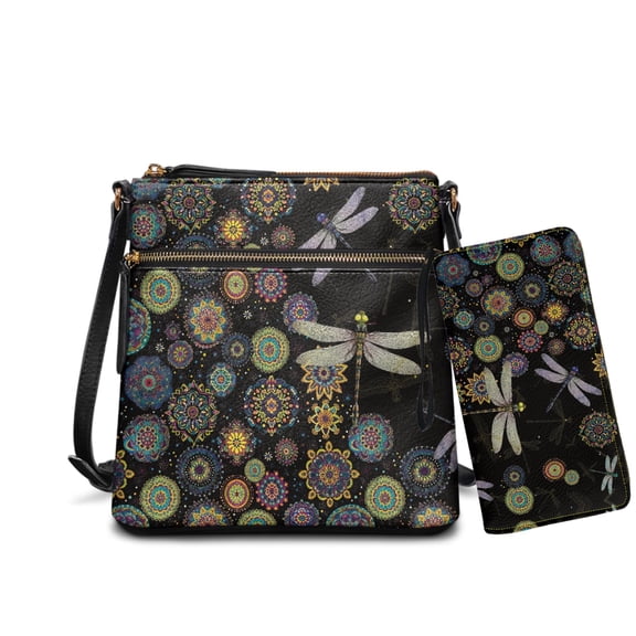 LedBack Boho Mandala Leather Purses for Women Dragonfly Print Crossbody Bag Sets Hobo Purse and Wallet Set for Women Lady, Multi Pocket Satchel Bag Wallet Set, Black