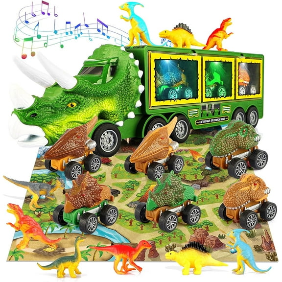 Allaugh Dinosaur Toys for Kids 3-5, Dinosaur Transport Truck Playset with Flashing Light and Sound - Pull Back Dinosaur Cars(Green)