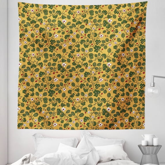 Floral Tapestry, Mother Nature Flourishing Daisy Field Botany Foliage Growth Seasonal Print, Fabric Wall Hanging Decor for Bedroom Living Room Dorm, 5 Sizes, Apricot Hunter Green, by Ambesonne